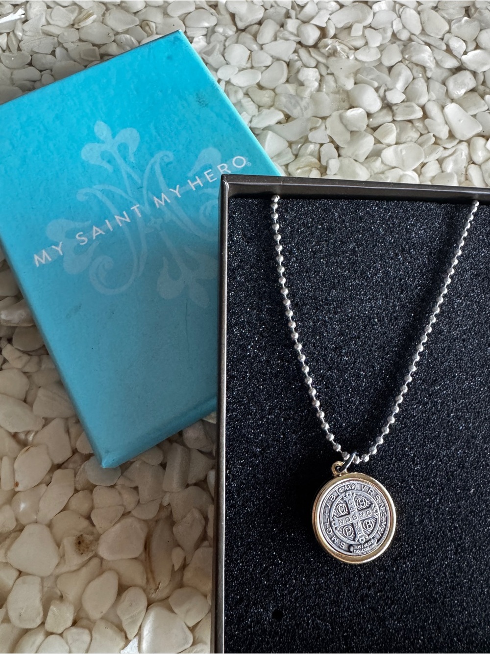 My Saint My Hero Benedictine Blessing Gold Rim Pendant